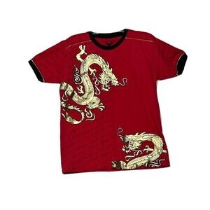 Bucheli Mens T Shirt XL Moda Italia Red Slim Fit Gold Dragons Short Sleeve
